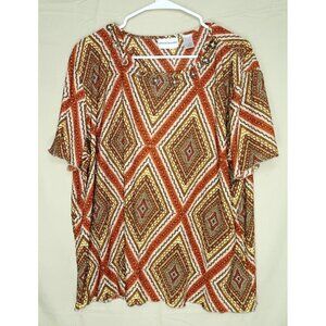 Alfred Dunner Brown Diamond Print Short Sleeve V Neck Geometric Women's Large